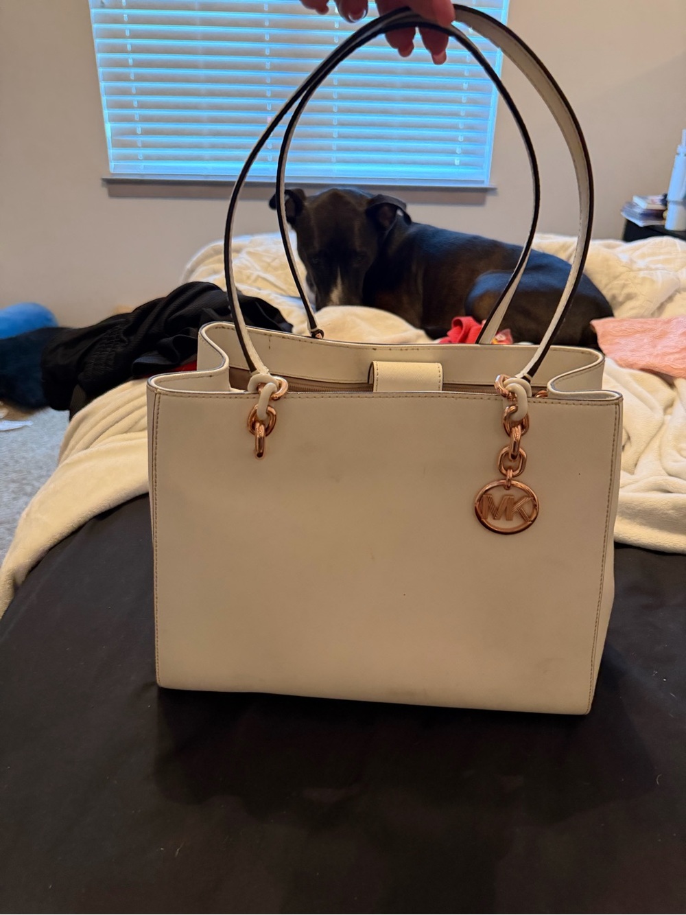 Michael Kors Cream Leather Tote with Rose Gold-Tone Logo Charm